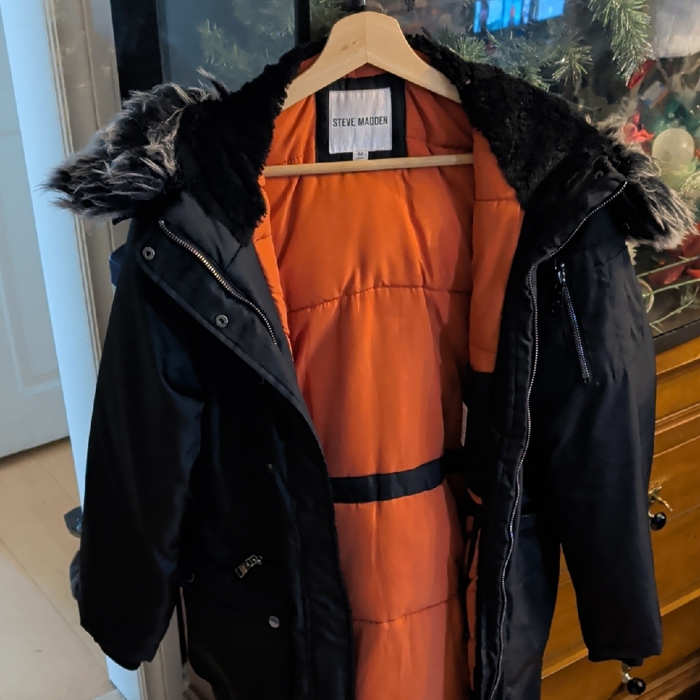 Steve Madden Black Parka with Vibrant Orange Interior